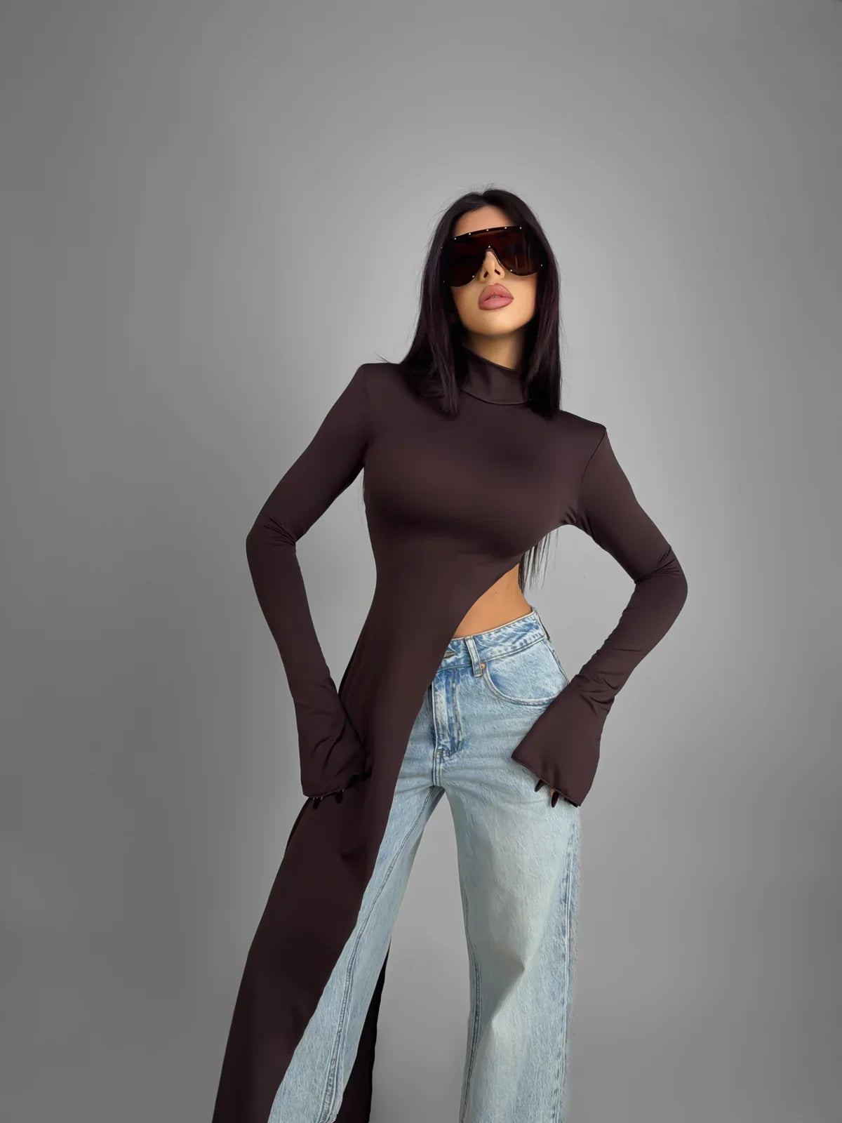 Top Mesh Marrón Manga Larga Sheer