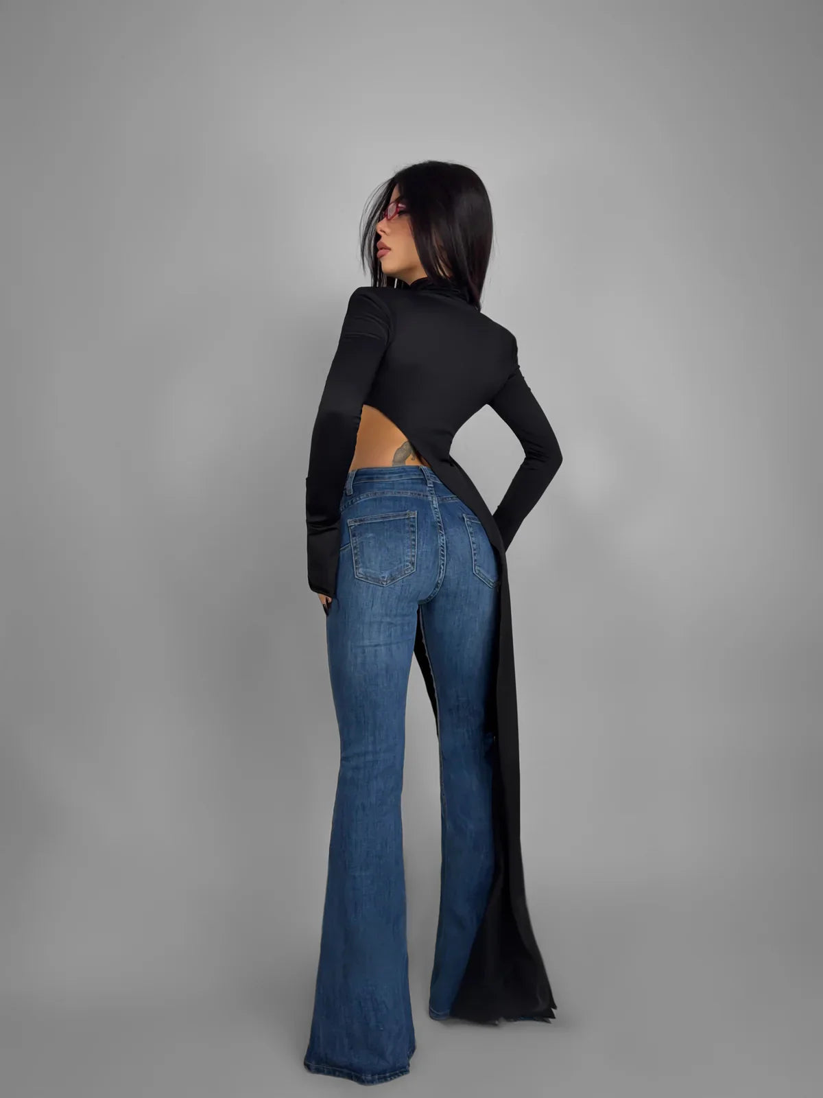 Top Mesh negro Manga Larga Sheer