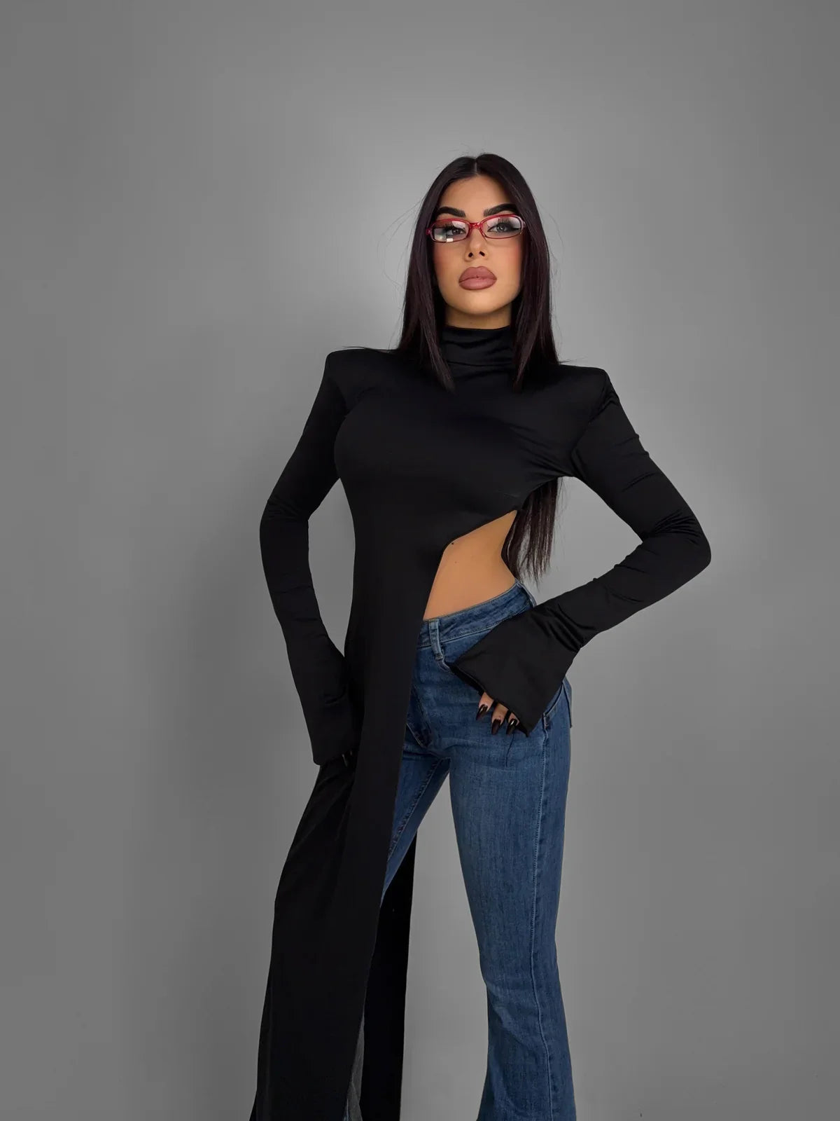 Top Mesh negro Manga Larga Sheer